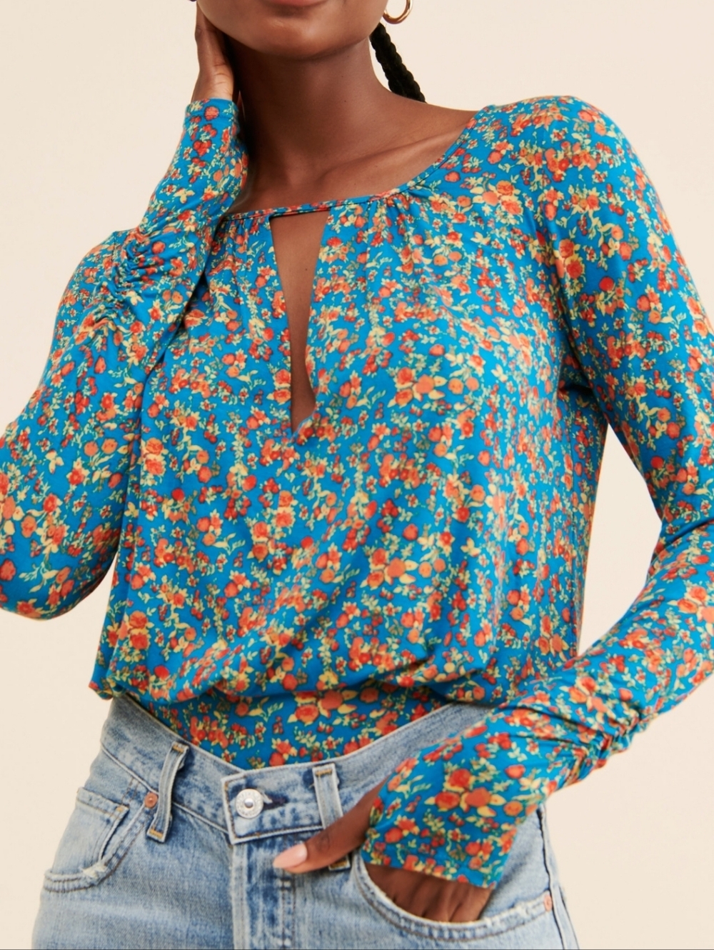 NWT Intimately Free People Kaya Printed Bodysuit Turquoise Floral Keyhole Blue M